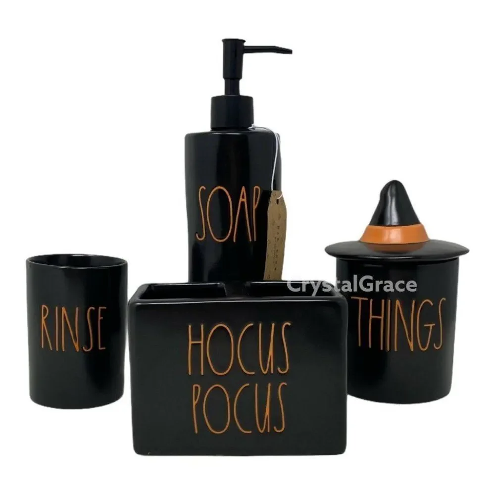 Rae Dunn Halloween Bathroom‎ Set Hocus Pocus Soap Rinse Things Orange Witch Hat